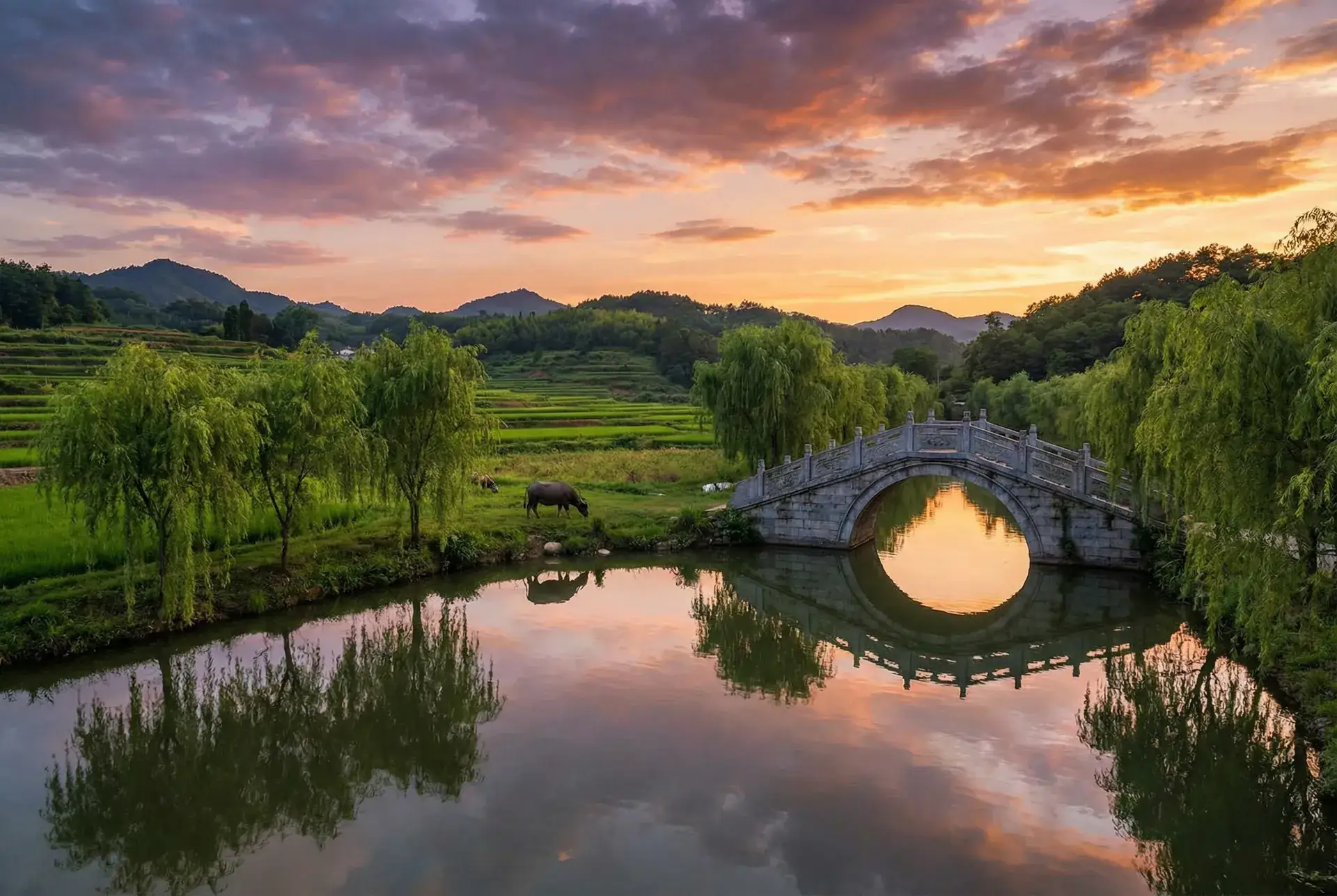 夕阳下的石拱桥与垂柳，水牛在河边吃草 - 胡军的女儿 乡村美景